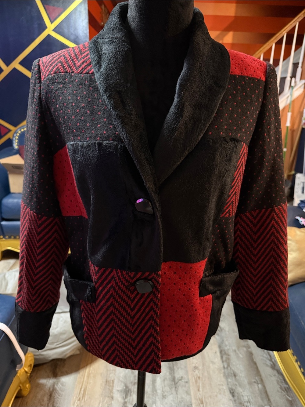 City Girl Women's Red and Black Patchwork Blazer Jacket